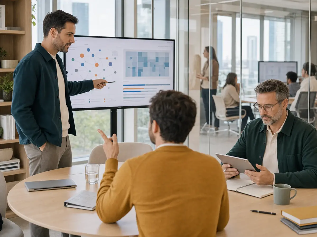 SEO and analytics specialists reviewing AI search readiness with a client in a modern Warsaw office