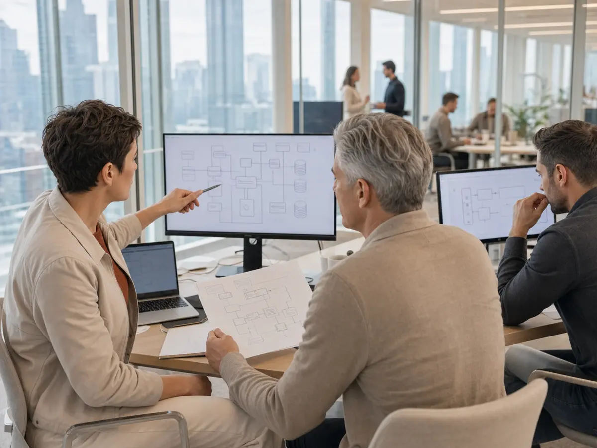 Engineers reviewing a system architecture diagram with a client in a modern Warsaw office
