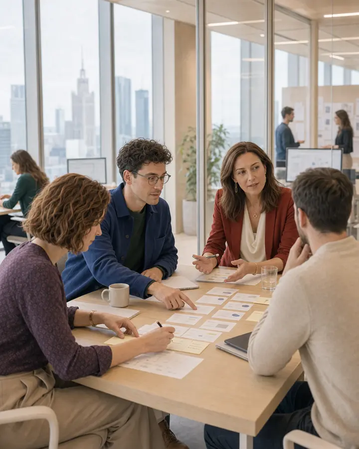 Alquis team running a client discovery workshop in a modern Warsaw office