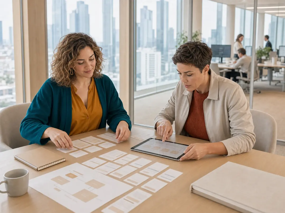 Content and operations specialists mapping a custom content workflow in a modern Warsaw office