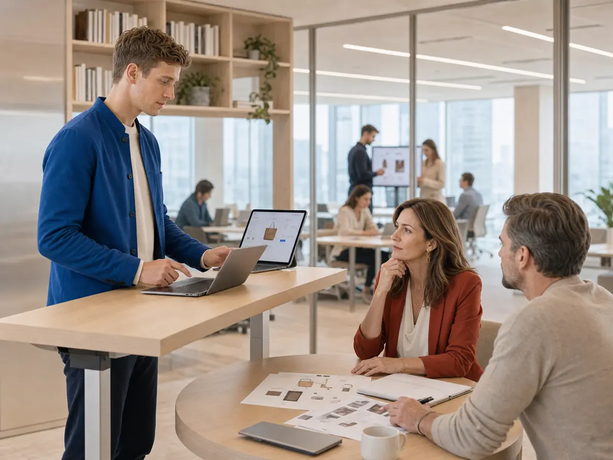 Product team reviewing an e-commerce checkout flow with a client in a modern Warsaw office