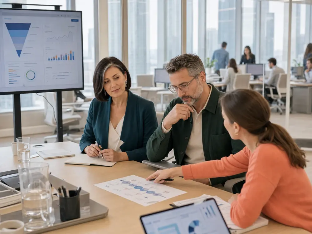 Strategy and analytics team reviewing fintech trust and onboarding with a client