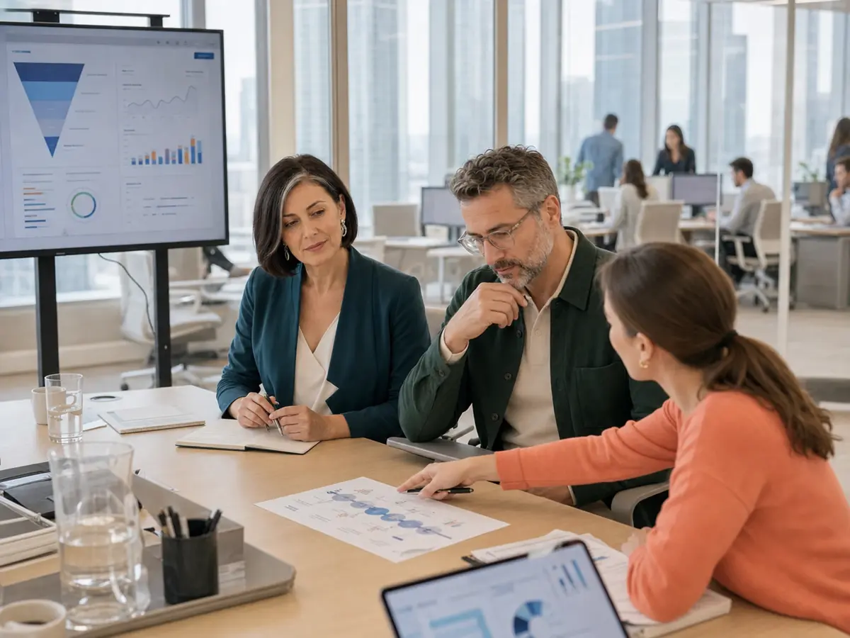 Strategy and analytics team reviewing fintech trust and onboarding with a client