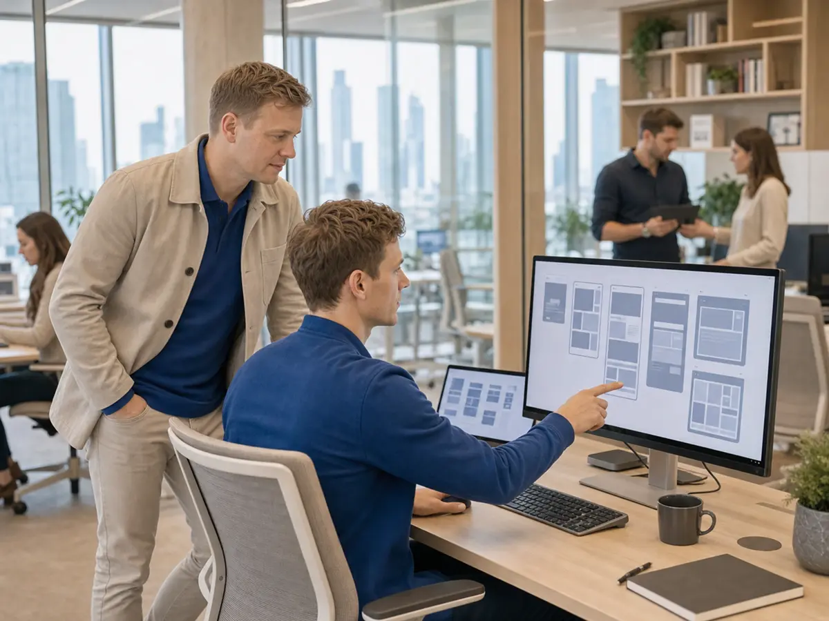Front-end engineer and QA specialist reviewing responsive interface states in a modern Warsaw office