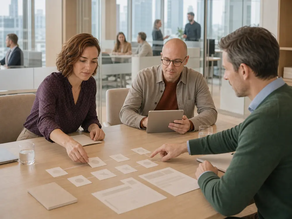 UX and accessibility specialists reviewing a digital patient journey with a healthcare client