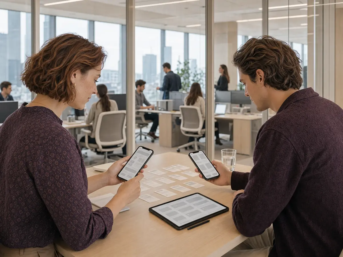 UX researcher and mobile developer testing an app prototype in a modern Warsaw office
