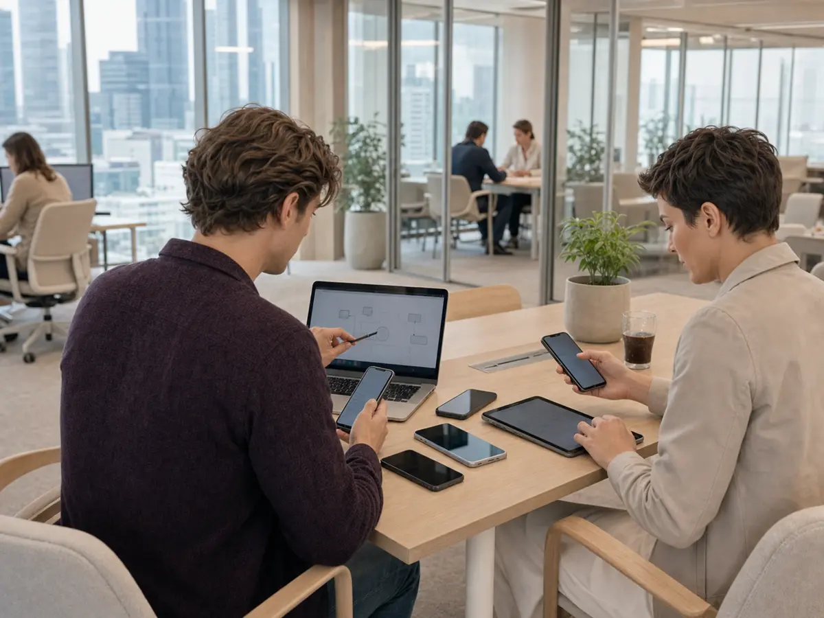 Developers testing a mobile app across phones and a tablet in a modern Warsaw office