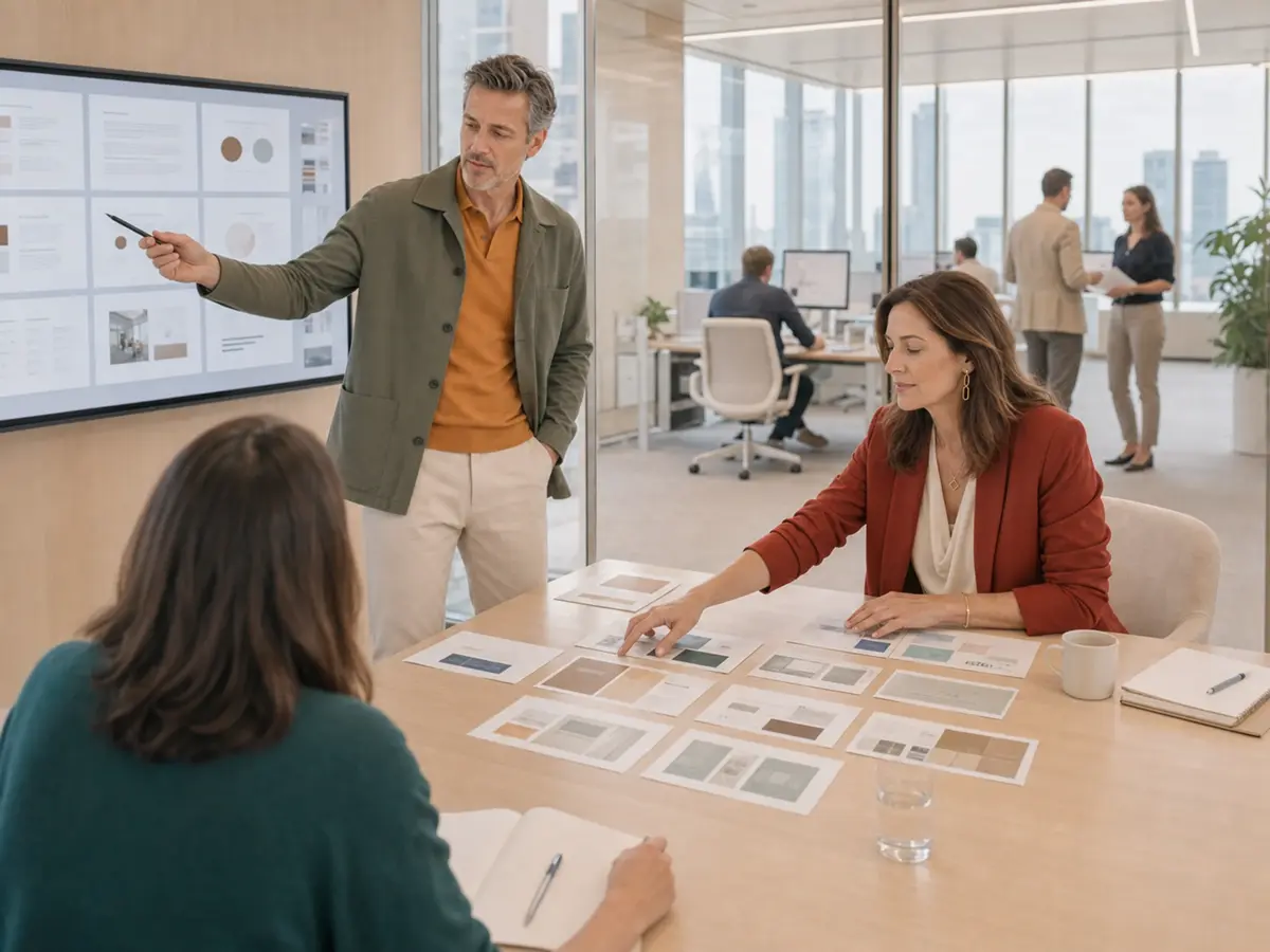 Design director and client partner shaping a pitch deck narrative with a client