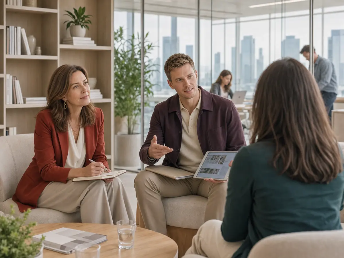 Alquis specialist discussing a digital project with a client in a modern Warsaw office