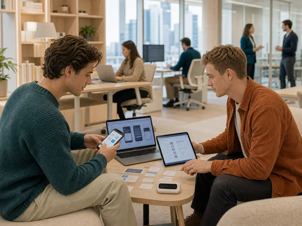 Developers testing offline states across mobile and desktop devices in a modern Warsaw office