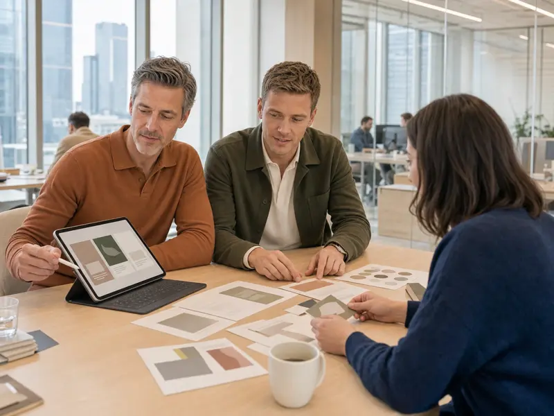 Designteam und Immobilienkunde prüfen eine digitale Immobiliensuche