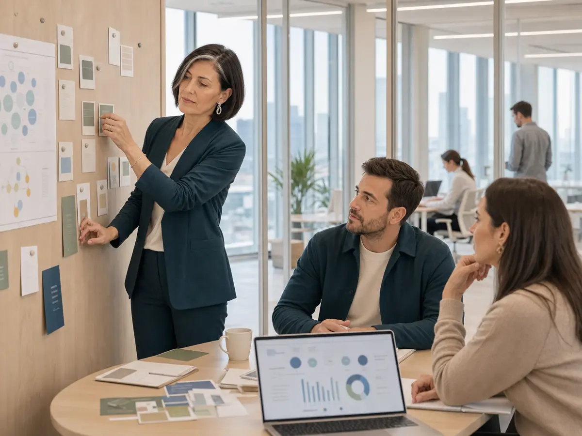 Strategy team planning search opportunities with a client in a modern Warsaw office
