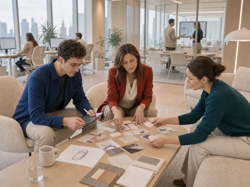 Product Designer und Client Partner führen einen Discovery-Workshop mit einer Gründerin durch
