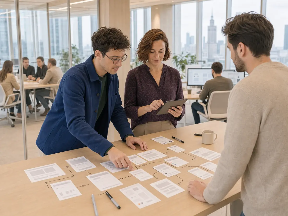 Product designer and UX researcher mapping a user flow with a client