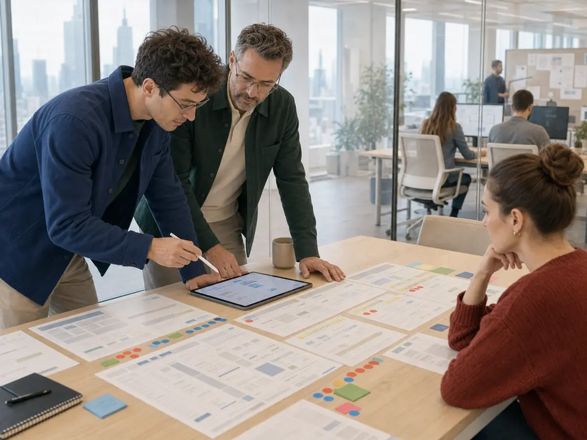 Design- und Analytics-Spezialisten priorisieren mit einem Kunden die Ergebnisse eines Website-Redesign-Audits