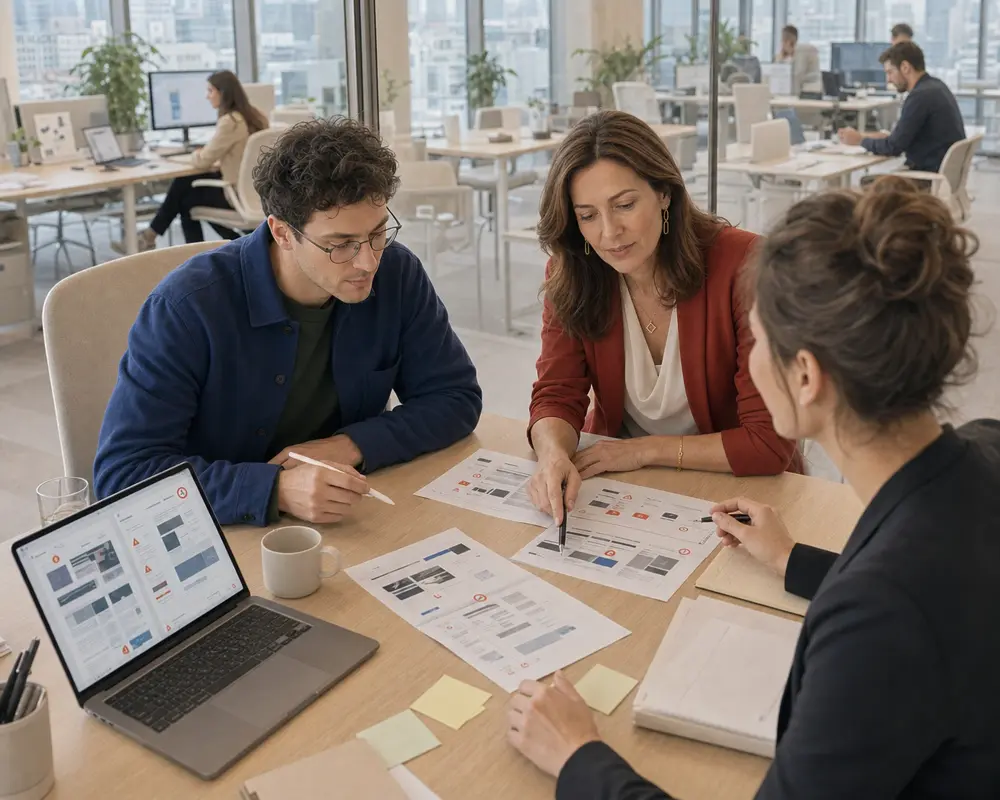 Design team and client reviewing warning signs that a website needs redesign